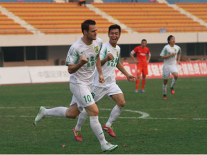 Petar Jelic celebrates his first goal for Sunray Cave