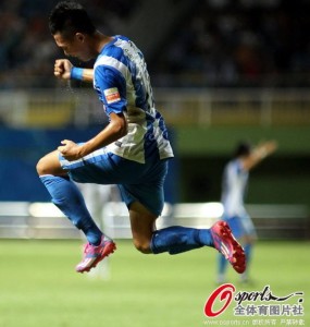 Zhang Yuan celebrates his 9th goal in 70 appearances for Guangzhou R&F