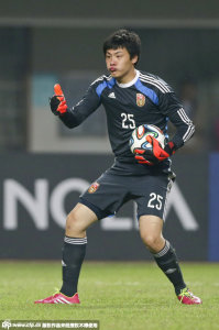 Safe Pair Of Hands? Wang Dalei in action against Paraguay