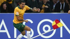 No Signs Of Falgging:Tim Cahill celebrates a goal against Kuwait with his customary pounding of the corner flag