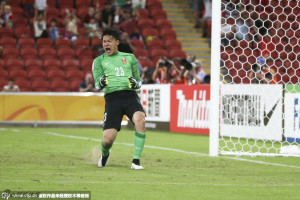 Wang Dalei celebrates his penalty save against Saudi Arabia, but he has had problems since