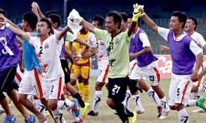 Fairy Tale Moment: Bhutanese players celebrate their first leg win over Sri Lanka