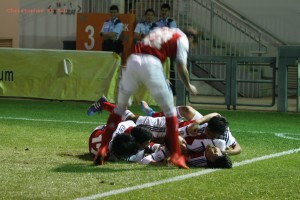 South China celebrate their second goal 