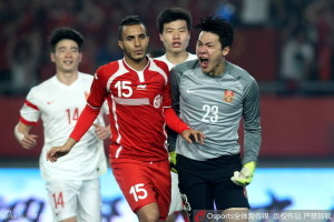 Pumped Up: Wang Dalei was justifiably enthused by his double penalty save