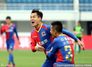 Many Happy Returns: Jin Hui (centre) celebrated his return to the BG team with two goals