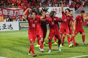 Hong Kong's players celebrating a successful opening to their World Cup qualifying campaign