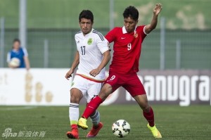 Striker Yang Chaosheng in action for China's under-23 side against Mexico 