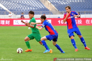 BG's Danko Lazovic looks concerned as his captain Lu Jiang tries to win the ball