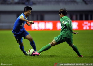 Harbin goal scorer Li Jiahe goes past Xinjiang's Song Xie