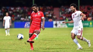 Ali Ashfaq (7) in action for the Maldives against Qatar