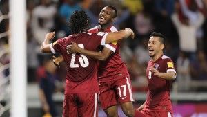 Qatar celebrate their second goal against Hong Kong